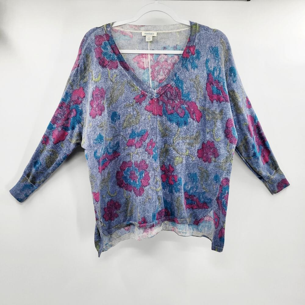 Sundance Floral Print Blue & Purple 100% Cotton Pullover V-Neck Sweater Size S